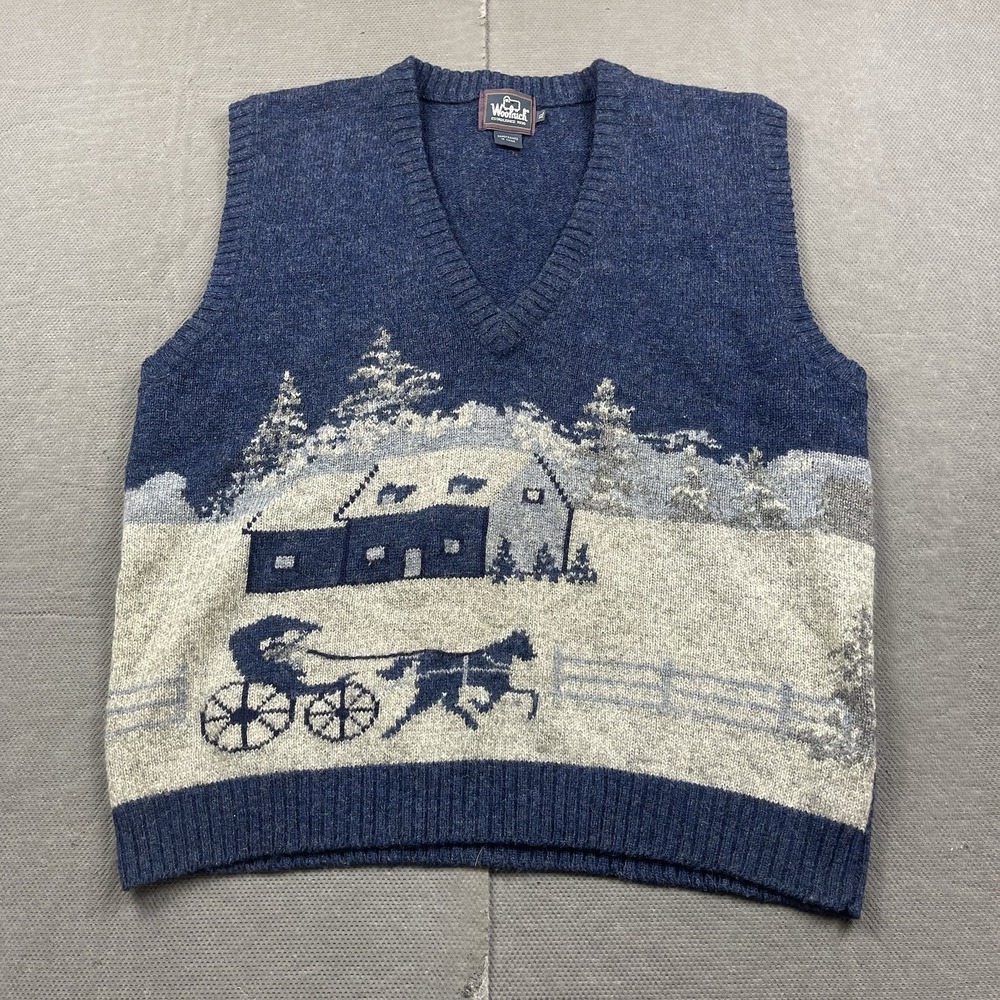 Vintage Woolrich Sweater Vest‎ Mens XL Blue Wool Cabin Winter Fair Isle VNeck